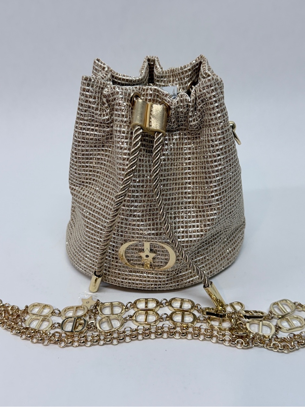 GWP Dior beauty Gold Metallic Bucket Bag DIY crossbody chain W/BOX